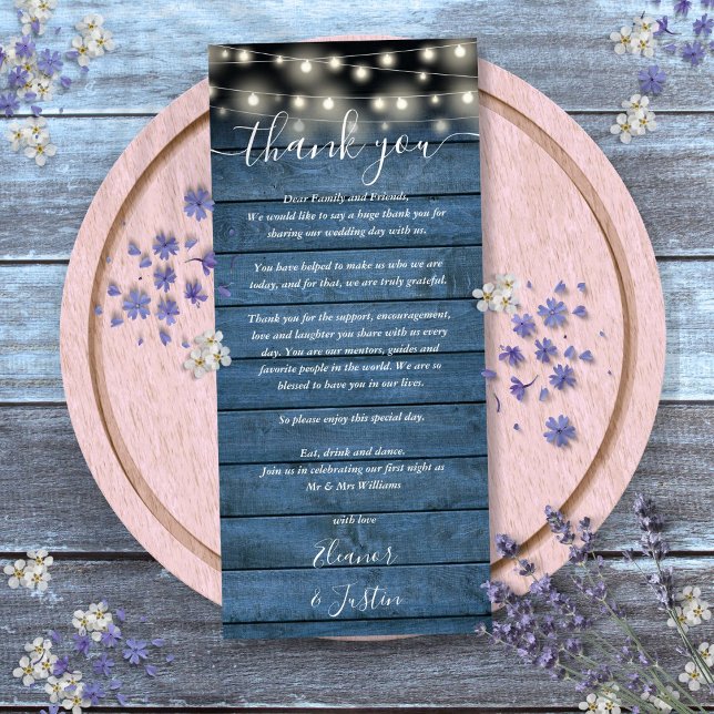 Cartão de Agradecimento de Recepção de Casamento R (Blue Rustic Wedding Reception Thank You Place Card)