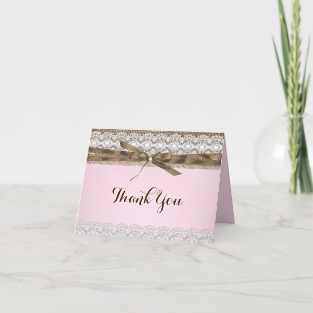 Cartão de Agradecimento de Renda Rosa e Burlap (Frente)