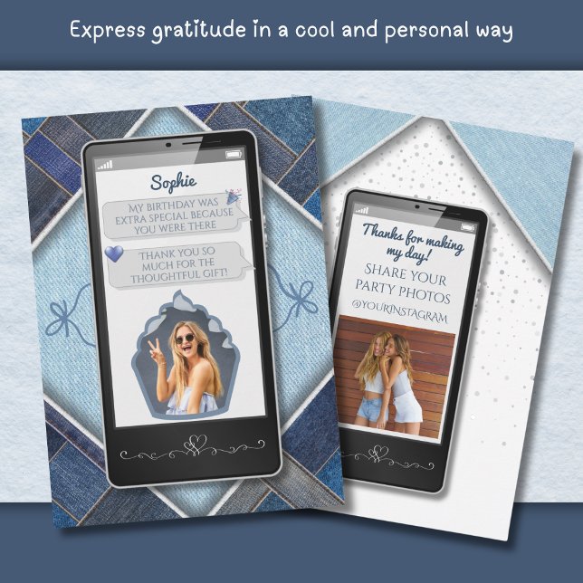 Cartão de Agradecimento de Smartphone de Jeans Azu (Modern Blue Denim Smartphone Thank You Card)