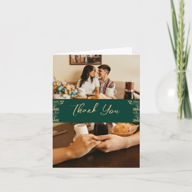 Cartão De Agradecimento Deco de Arte Elegante em verde, 2 fotos de casamen (Frente)