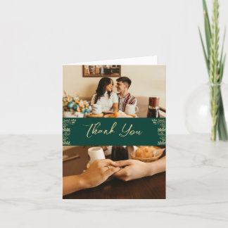 Cartão De Agradecimento Deco de Arte Elegante em verde, 2 fotos de casamen