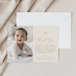 Cartão De Agradecimento Delicar Dourado Creme Foto Simples Batismo Cruzado<br><div class="desc">Esse delicado cartões de agradecimentos de ouro e creme, simples cruz, é perfeito para um batismo ou batizado moderno. A design romântica minimalista apresenta uma magnífica e elegante tipografia amarela ouro champanhe num fundo de creme de marfim com um aspecto simples e limpo. Personalize seu cartões de agradecimentos religioso com...</div>