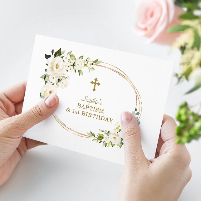 Cartão De Agradecimento Delicar Flores Brancas primeiro aniversario Batism (Criador carregado)