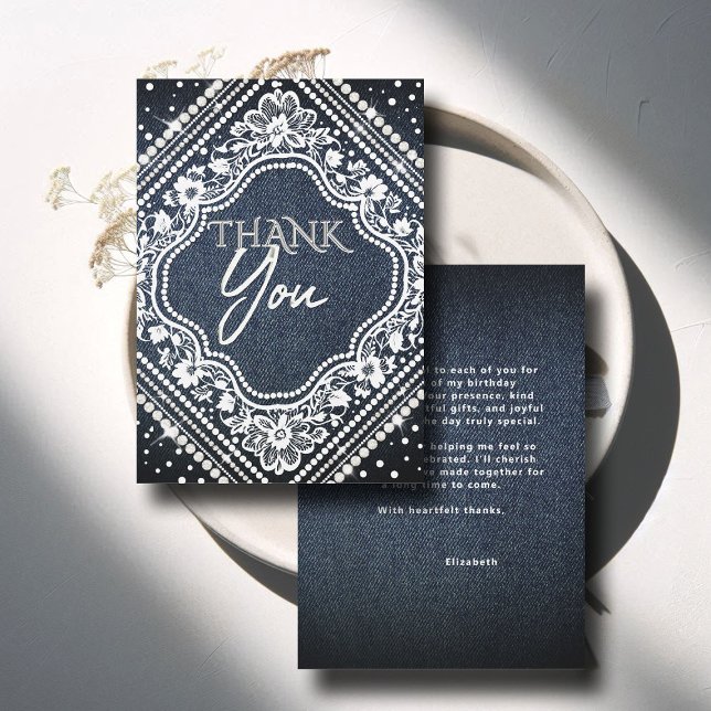 Cartão De Agradecimento Denim Pearls Lace Elegante Moderno 50º Aniversário (denim diamonds pearls thank you card blue white calligraphy modern classy chic)