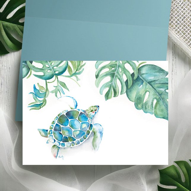 Cartão De Agradecimento Dentro de Tartaruga do Mar Tropical (Sea turtle palm leaf folded notecard watercolor art by Victoria Grigaliunas Do Tell A Belle)