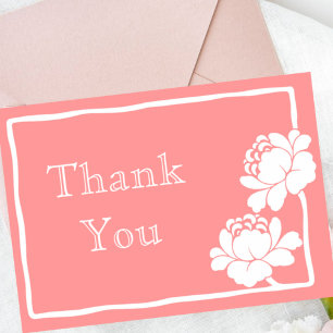 Cartão De Agradecimento Desenho Botânico de Peônia Floral Rosa Coral Branc