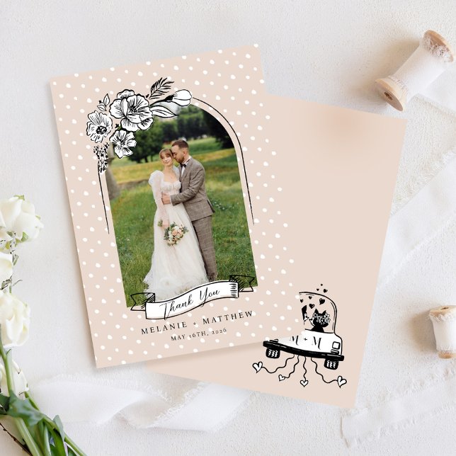 Cartão De Agradecimento Desenho Floral Fairytale Divertido Fox Arch Casal  (Floral Sketch Fairytale Fun Fox Wedding Arch Photo Thank You Card)