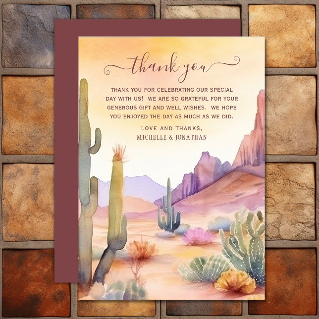 Cartão De Agradecimento Deserto de Aquarela e Casamento Sudoeste de Cactus (Watercolor Desert and Cactus Southwestern Wedding Thank You Card)