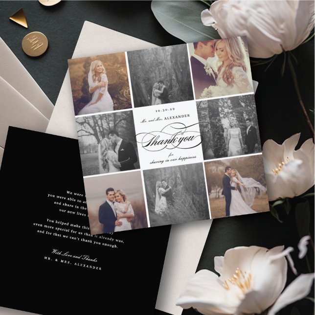 Cartão De Agradecimento Design de Casamento Elegante Romântico de Script 8 (Romantic Classic Script 8 Multi Photo Collage Chic Wedding Thank You Card @ fatfatin_blue_knot)