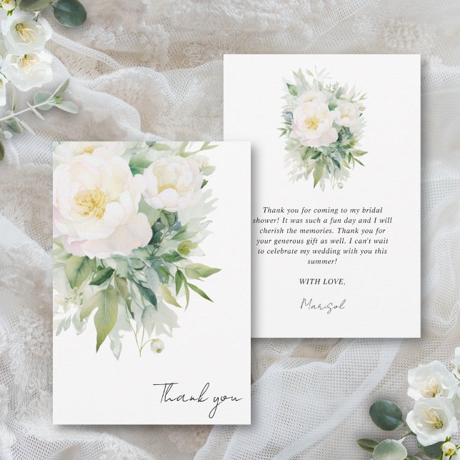 Cartão De Agradecimento Despedida de Solteira Chá de Noiva em Espanhol (This elegant bridal shower thank you card features a neutral white floral color palette)