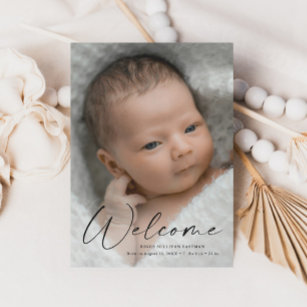 Cartão De Agradecimento Detalhes do Nascimento da Foto do Bebê de Boas-Vin