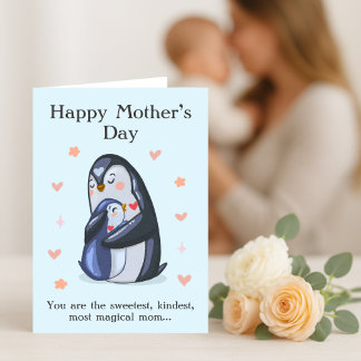 Cartão De Agradecimento Dia das Mães Bonitas Adoráveis Mãe e Pinguim Bebê