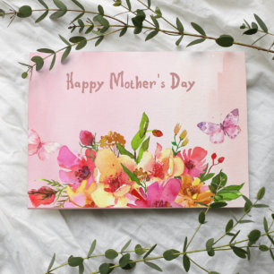 Cartão De Agradecimento Dia das Mães Flores Aquarela com Borboletas 