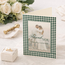 Cartão De Agradecimento Dinheiro Antigo Xadrez Verde Foto Casamento Doblad