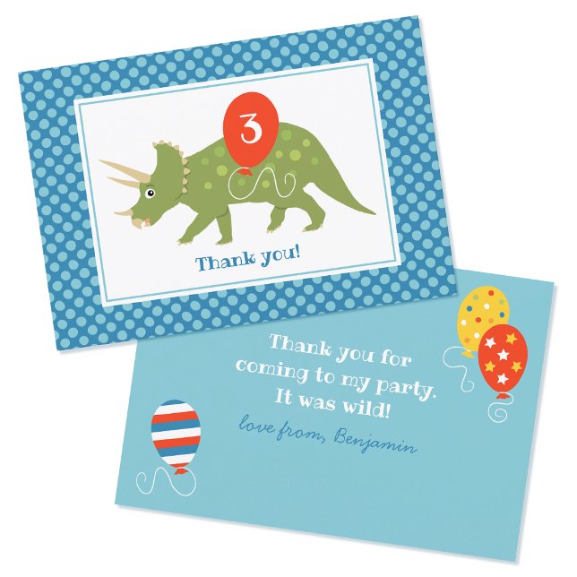 Cartão De Agradecimento Dino Aniversário Bonito Triceratops Azul Personali (Criador carregado)