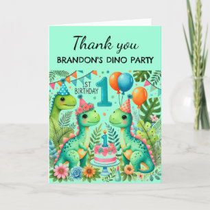 Cartão De Agradecimento Dino Cute do primeiro aniversario do Dinossauro