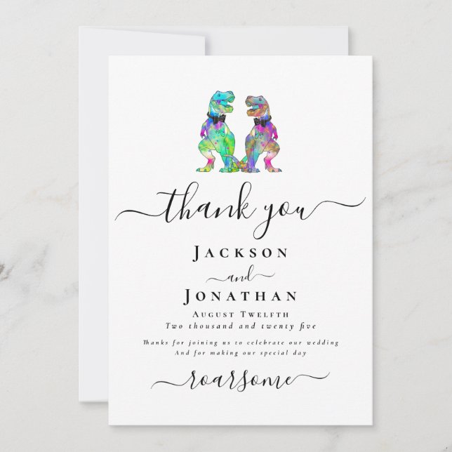 Cartão De Agradecimento Dinosaur Two Grooms Gay Wedding Thank You (Frente)