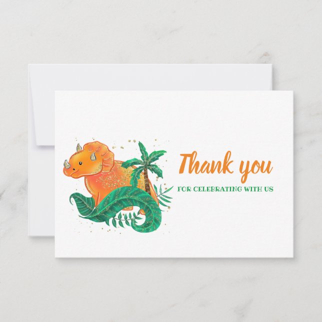 Cartão De Agradecimento Dinossaur Birthday | Orange Triceratops Obrigado (Frente)