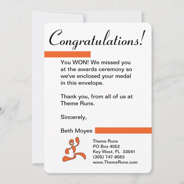 Cartão De Agradecimento Diretor da raça - letra do vencedor de medalha (Frente)