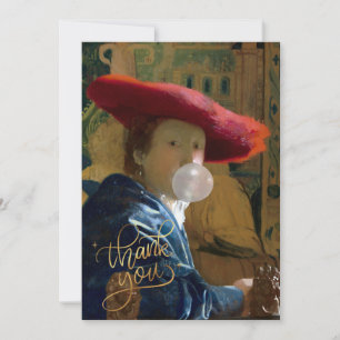 Cartão De Agradecimento Diva de chiclete em um chapéu vermelho soprando um