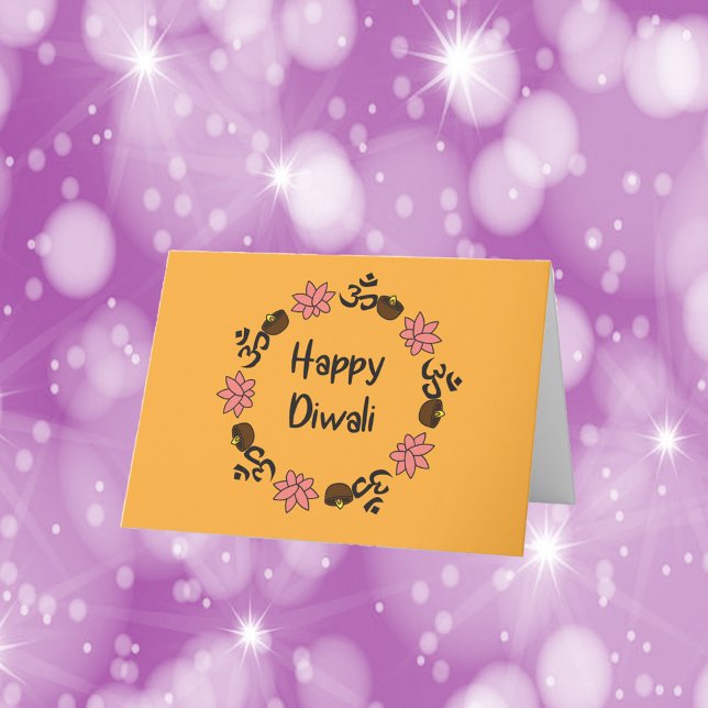 Cartão De Agradecimento Diwali Lotus Flower Diya Candle Aum Orange (A greeting card that says Happy Diwali surrouned by diya candles, lotus flowers and aum symbols)