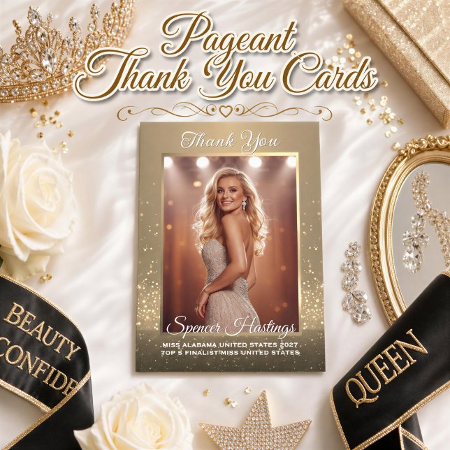 Cartão de Agradecimento do Concurso Quadro Dourado (Show your appreciation with an elegant pageant thank you card for sponsors & supporters in pageants)