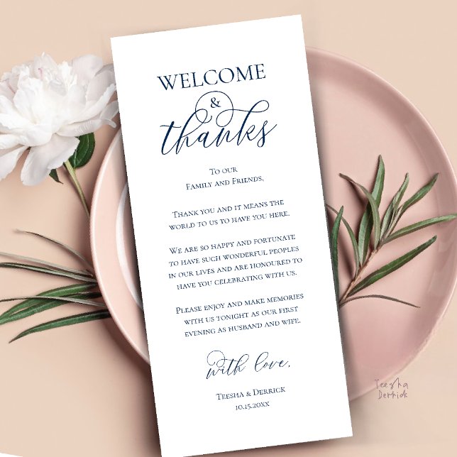 Cartão de Agradecimento do Jantar de Recepção de B (Welcome and Thanks Reception Dinner Thank You Card in Navy Blue)