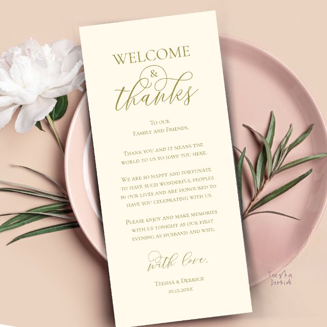 Cartão de Agradecimento do Jantar de Recepção de B (Welcome and Thanks Reception Dinner Thank You Card in Yellow Gold)