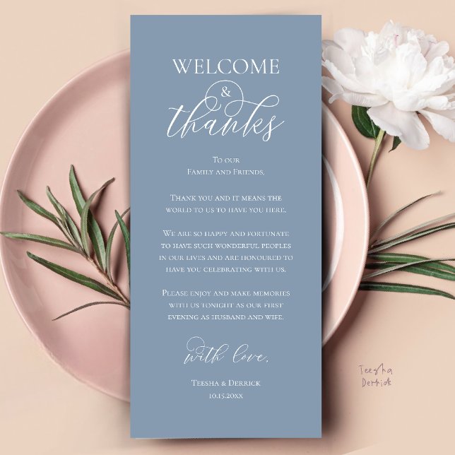 Cartão de Agradecimento do Jantar de Recepção de B (Welcome and Thanks Reception Dinner Thank You Card in Dusty Blue)