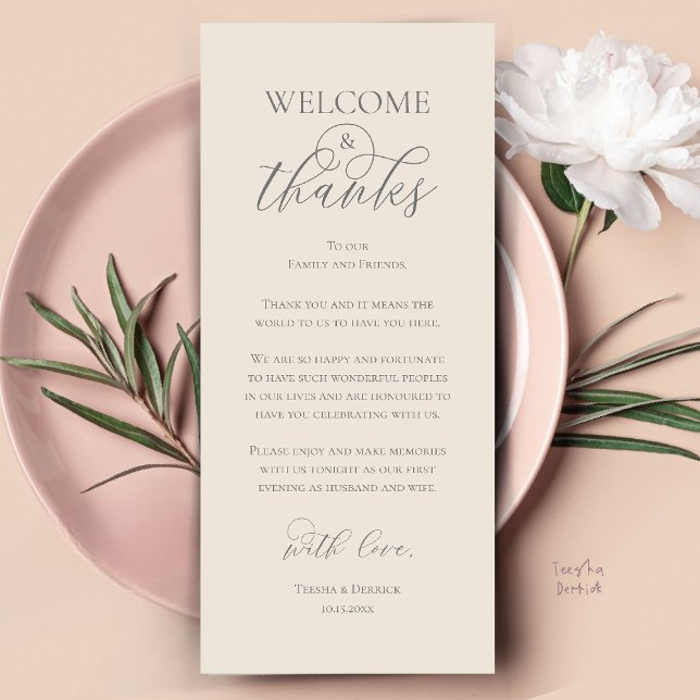 Cartão de Agradecimento do Jantar de Recepção de B (Welcome and Thanks Reception Dinner Thank You Card in Cream and Grey)