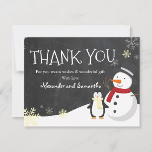 Cartão de agradecimento do penguim boneco de neve 
