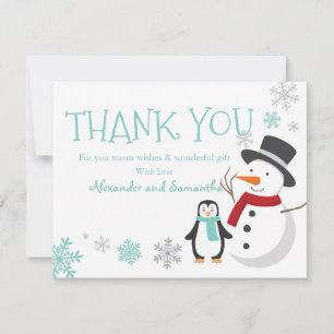 Cartão de agradecimento do penguim boneco de neve 