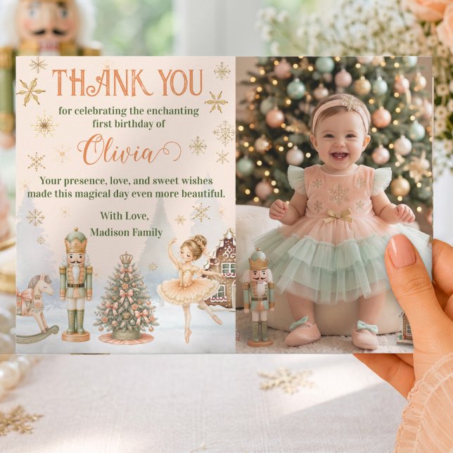 Cartão de Agradecimento do Quebra-Nozes Bailarina  (Photo Nutcracker Sugar Plum 1st Birthday Thank You Card)
