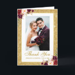 Cartão De Agradecimento Dobra floral de Borgonha do brilho Dourado da foto<br><div class="desc">Obrigado floral Dourado de Borgonha Marsala da aguarela do quadro do brilho da foto elegante do casamento você dobrou o cartão</div>