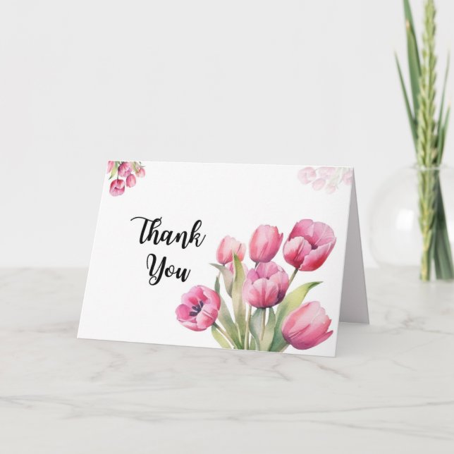 Cartão de agradecimento dobrado com Tulipas rosa e (Frente)