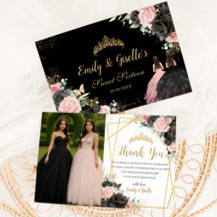 Cartão De Agradecimento Doce 16 Quinceanera Preto Rosa Floral Gêmeas Foto