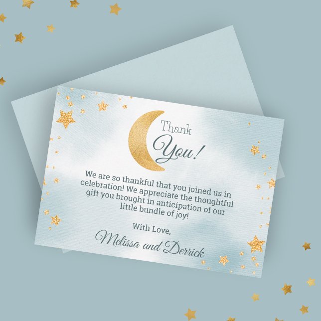 Cartão De Agradecimento Doce Azul Estamos Acima da Lua Menino Chás de Bebê (Sweet Blue We're Over the Moon Boy Baby Shower Thank You Card)