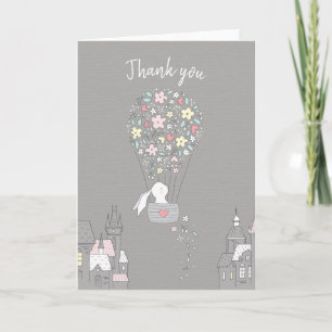 Cartão De Agradecimento Doce Coelhinha Amor Cinza Floral Obrigado