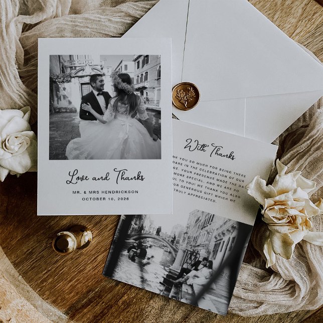 Cartão De Agradecimento Doce e Whimsical | Casamento Fotográfico Simples (A simple, classic, black and white wedding thank you with two photos and whimsical script)