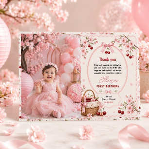 Cartão De Agradecimento Doce festa de 1º aniversário da menina Flor de Cer