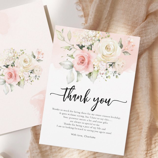 Cartão De Agradecimento Doce Festa de aniversário Floral Rosa 16 (Pink Floral Elegant Sweet Sixteen Script Modern Watercolor 16th Birthday Party Guest Thank You)