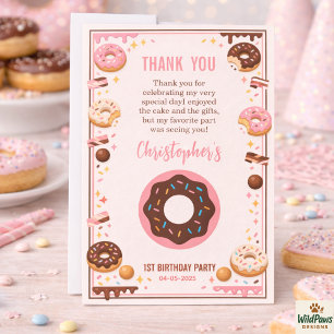 Cartão De Agradecimento Doce Primeiro Ano Donut Festa de 1º Aniversário   