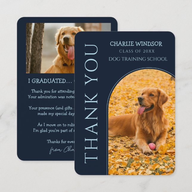Cartão De Agradecimento Dog Graduation Pet Photo Navy Blue & Baby Blue (Frente/Verso)