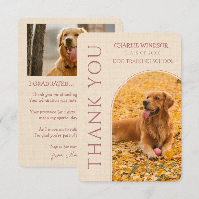 Cartão De Agradecimento Dog Graduation Pet Photo Rose Gold & Champagne  (Frente/Verso)