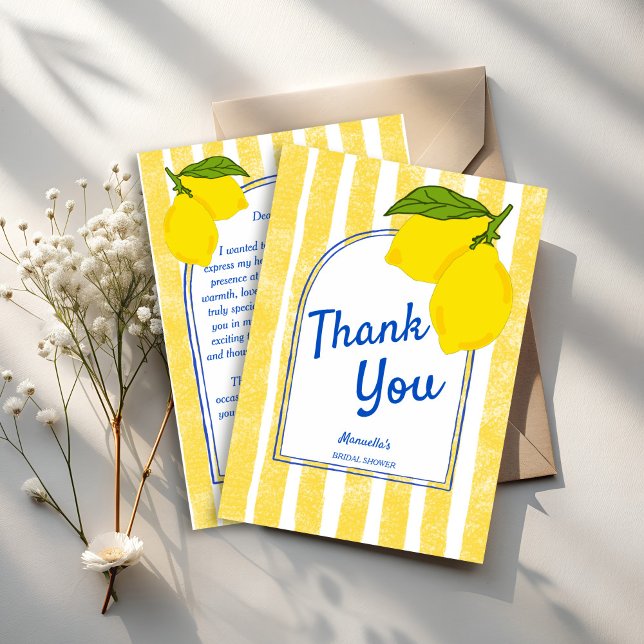 Cartão De Agradecimento Dolce vita limões amarelos Chuveiro de noiva itali (Dolce vita handrawn yellow stripes Lemons Italian bridal shower Thank You Cards)