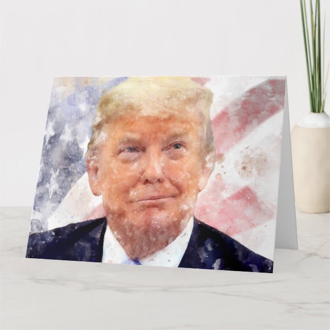 Cartão De Agradecimento Donald Trump sorrindo com bandeira americana (Frente)