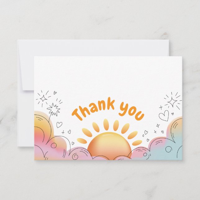 Cartão De Agradecimento Doodle Sol e Brilho em Aquarela Fofa (Frente)