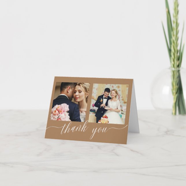 Cartão De Agradecimento Dourada Calligrafia 3 casamento de fotos obrigado  (Frente)