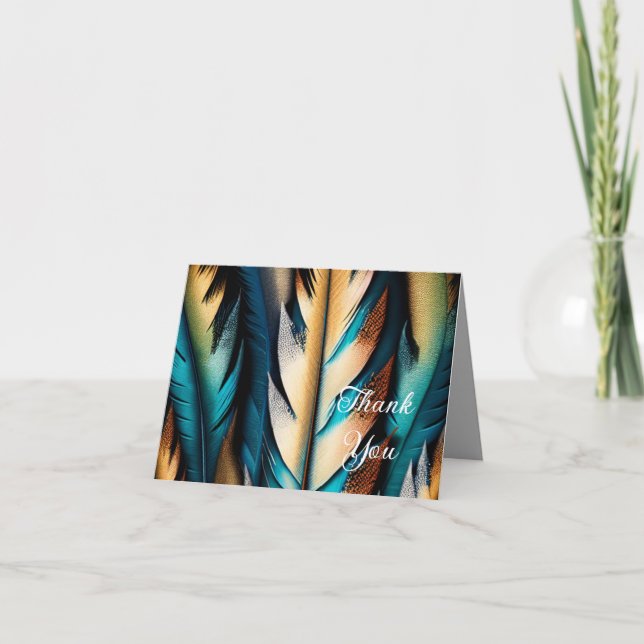 Cartão De Agradecimento Dourada e Teal Feather Art (Frente)