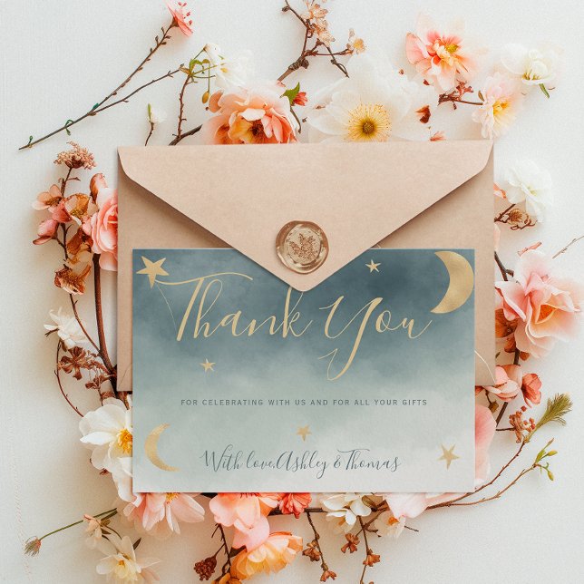 Cartão De Agradecimento Dourada Lua estrelas obrigado azul chá de fraldas (Gold moon stars blue photo thank you baby shower)